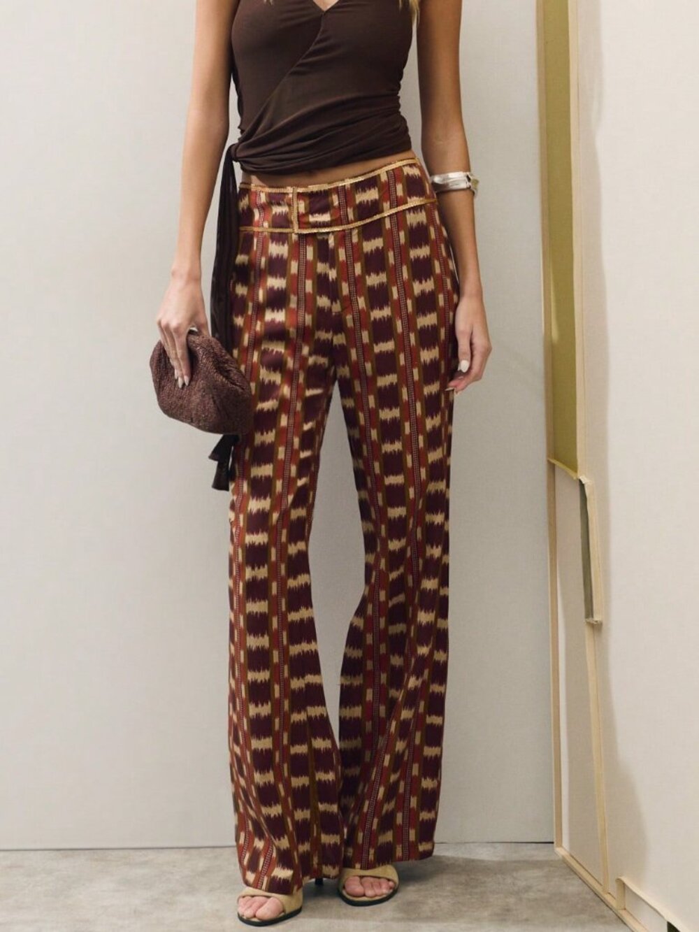Coffee Brown Casual Women's Geometric Print Wide-Leg Flare Pants